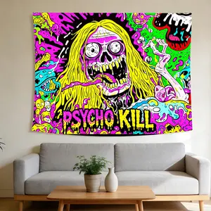 Psycho Kill Psychedelic Nightglow Tapestry - UV Blacklight Wall Hanging Grotesque Horror Trippy Style Suitable for Home Decor Valentine's Day Easter St.Patrick's Day Halloween Christmas and Other Festival Decorations.