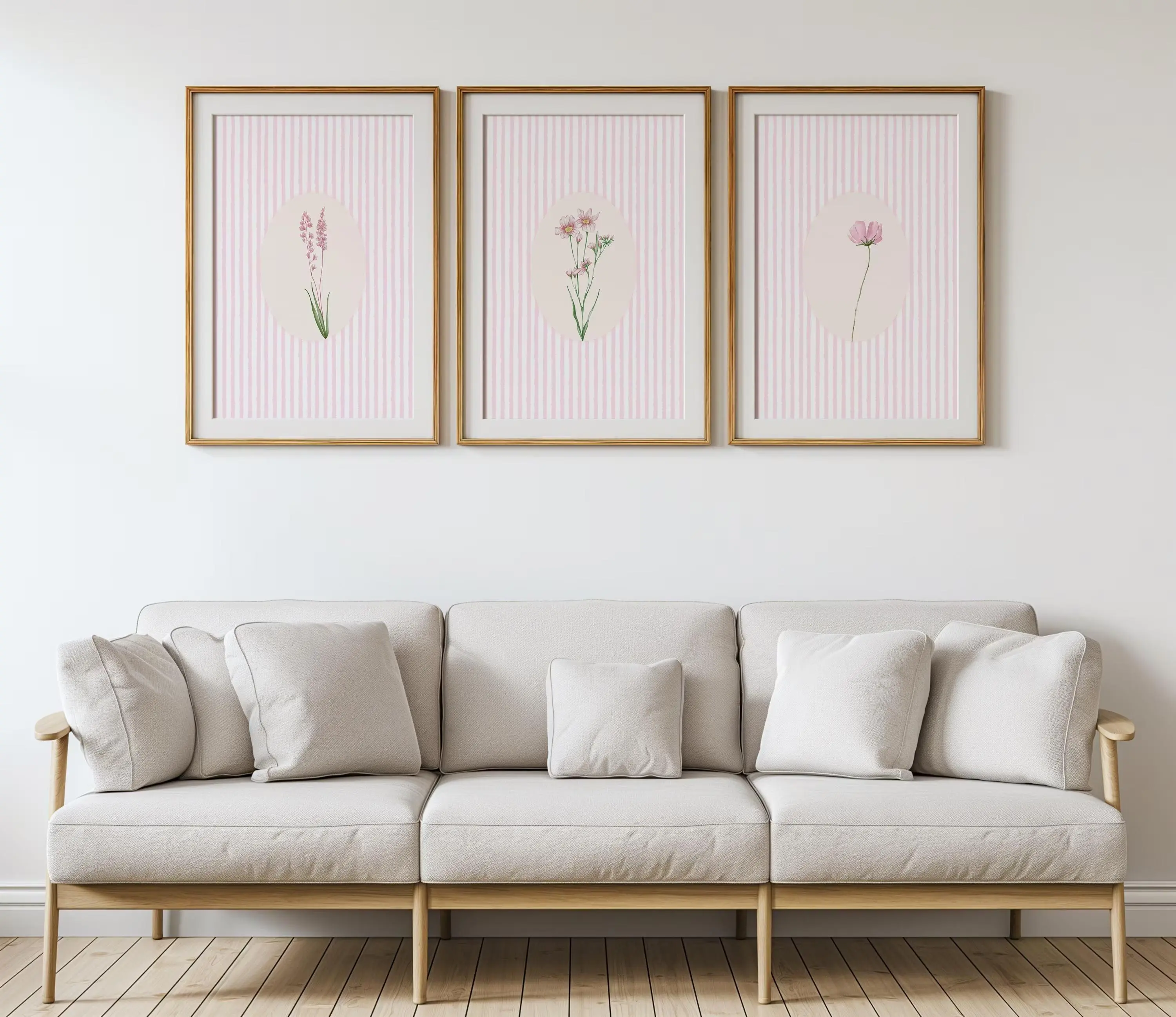 Women's 3-Piece Brightening Vintage Pink Stripes & Wildflowers Artwork, Colorful Style Flower Prints Home Inspo Wall Posters for Home, Bedroom Decor (Multi-Size Watercolor Botanical Design), Three