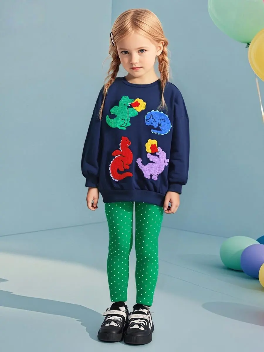 Toddler & Kids Colorful Dinosaur Sweatshirt with Green Polka Dot Leggings Outfit