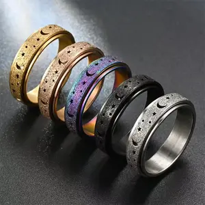Stainless Steel Spinning Rotating Rings For Women Men 6MM Rotatable Design Moon And Star Design Fashion Ring Finger Jewelry