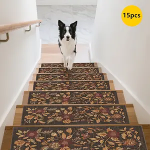 15pcs Vintage Floral Pattern Runner Rug, Stair Tread Non-Slip Mats, Anti-Slip Stair Carpet, Step Protector Rug, Bordered Stair Mats for Home Decor, Indoor Room Supplies Bedside Accessories,Suitable for Indoor/outdoor