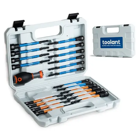Toolant 21pcs High-Quality High-Strength Magnetic Multipurpose Screwdriver Set - SAE/Metric Extra Long Combination Nut Driver Kit, Additional Handle, Bit Clip, Power Tool Bypass for Manual Users' DIY Maintenance, Drain Pipe Installation