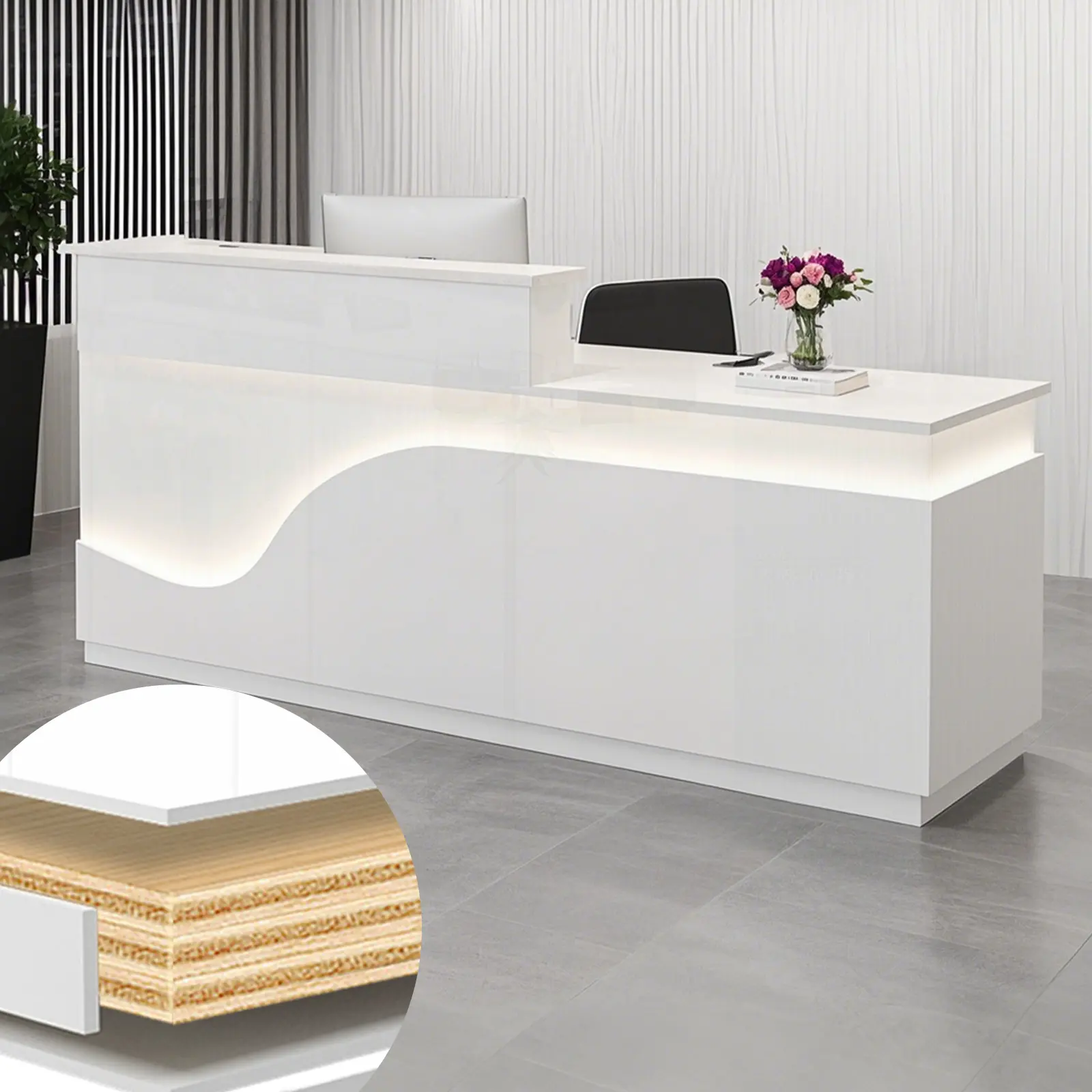 The fishtail - shaped all - white reception desk with a high shelf  a locking drawer  a keyboard tray a wiring aperture  and a locker  suitable for shops companies and hotels