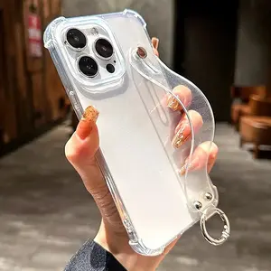 Soft Transparent Glitter Wrist Strap Phone Case For iPhone 11 12 13 14 15 16 Pro Max X XR XS Max Plus Clear Kickstand Cover