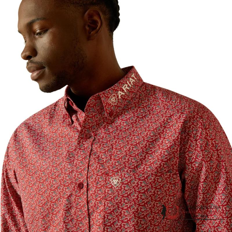 ARIAT MENS TEAM PORTLAND FITTED LS SHIRT RED/BEIGE 10062255