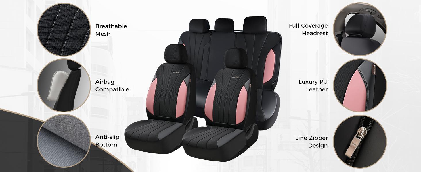 Coverado Model 5089 5-Piece Full Set Car Seat Covers, Waterproof PU Leather & Breathable Mesh Protectors, Front Seats Front and Rear Set, Leather, Protection, Universal Fit for SUVs, Trucks, Sedans, Car Seat Covers Front Seats, Front And Rear Set & Seat C