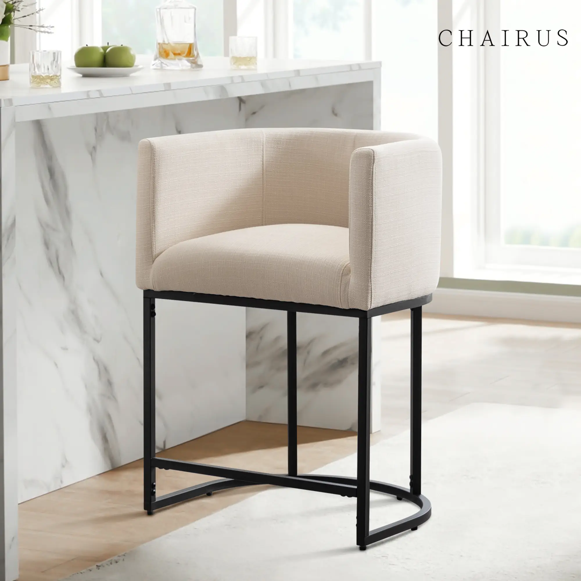 CHAIRUS 24" Counter Height Bar Stools, Modern Barrel Counter Stools with Backrest and Arms, Linen Fabric Bar Chairs with Black Metal Frames and Foot