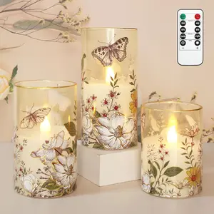 Impress Life Flameless Candles with Remote, 3PCS Butterfly Floral Glass Candles with 3D Flickering LED Wick, Battery Operated Candles for Spring Decor & Home