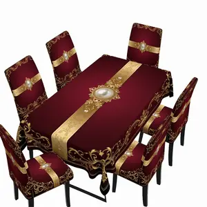 5/7pcs Wine Gold Veined Pearl Palace Style Tablecloth and Chair Cover Set, Baroque Luxury Dining Room Decor for All Seasons Dining Chair Slipcover Universal Chair Cover