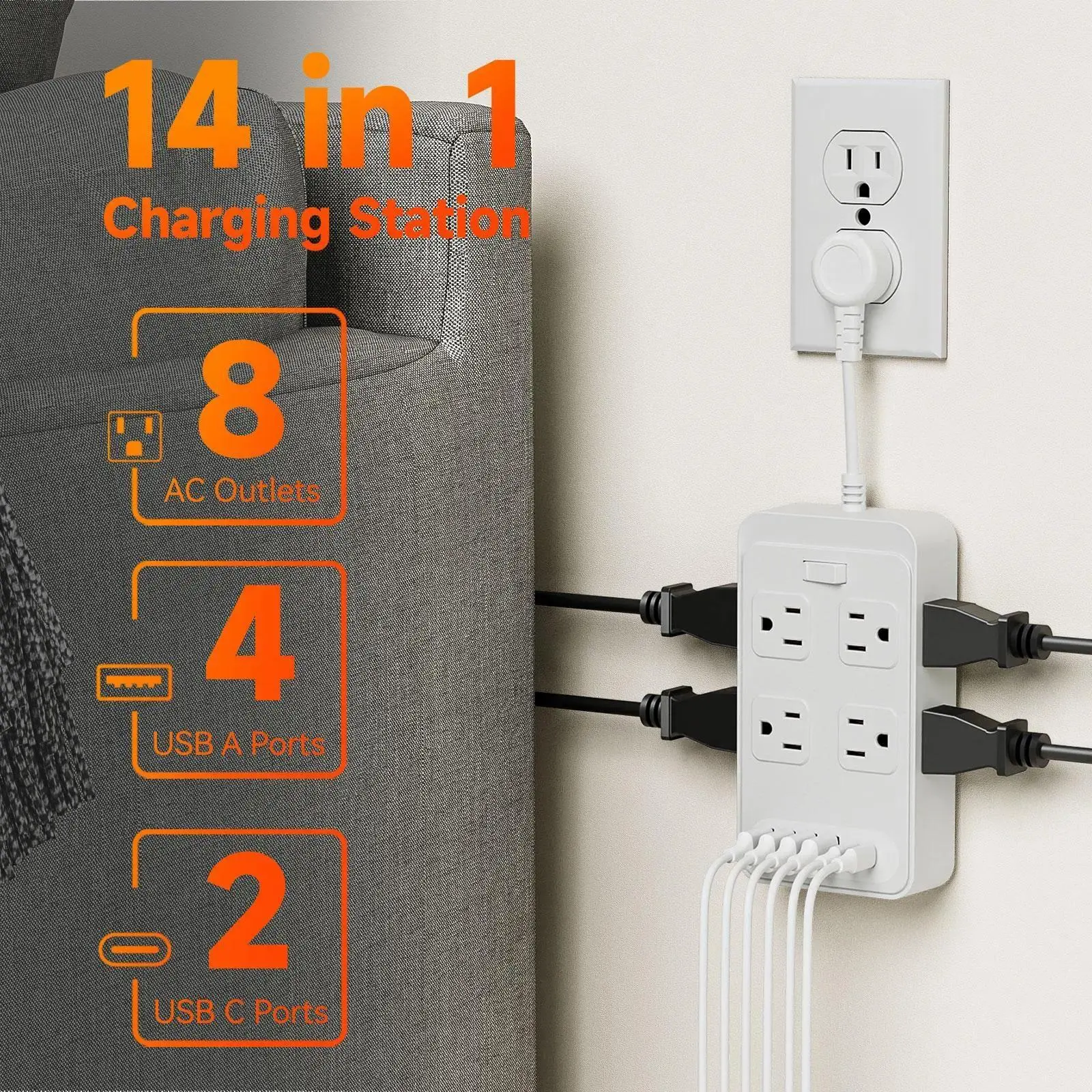 Space-Saving Multi Ports Power Strip Extension Cord with Outlets, 8-Outlet Modern Surge Protector, 6 USB Ports (4A+2C), Cable for Home/Office/Travel, Outlet Extension