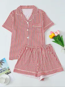 Women's Striped Print Short Sleeve Pajama, Casual Comfy Pocket Lapel Shirt & Elastic Waist Shorts Striped Print Bottoms PJ Set, Ladies Sleepwear for All Seasons, Loungewear