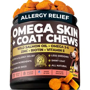 Omega 3 & 6 Dog Skin & Coat Chews – PhD-Endorsed Formula with Wild Salmon Oil, Biotin, Zinc & Vitamin E – Supports Dry Itchy Skin, Shedding & Healthy Coat – Tasty Salmon Flavor, 140 Chews, Made in USA