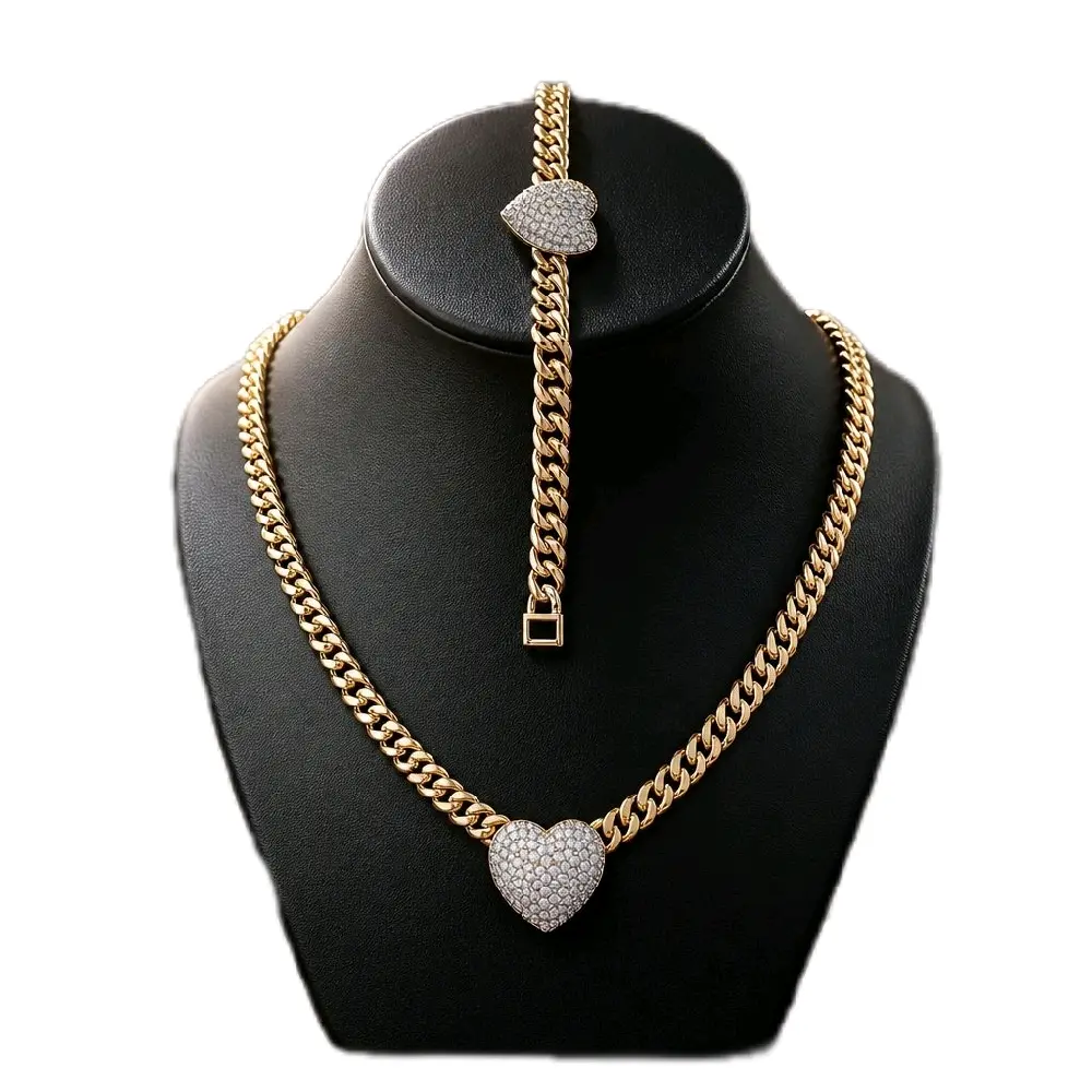 Elegant Matching Jewelry Set - 14k Gold-Plated Heart with Zirconia, 19.5in Chain & 7in Bracelet, Casual Female Jewelry for Girlfriend, Suitable for Everyday Wear & Special Occasions