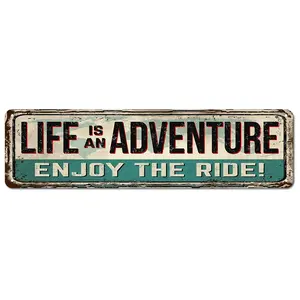 Aluminium Vintage Rectangle Metal Sign - 'Life Is an Adventure Enjoy the Ride' Wall Decoration Items, 12x4 in Retro Rustic Plaque for Home, Living Room