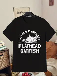 Men's Vintage Flathead Catfish Graphic T-Shirt - "Happiness is Catching a Flathead" Fishing Tee, Breathable Casual Round Neck Shirt, Durable All-Season Top for Anglers & Outdoor Enthusiasts