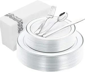 150PCS Silver Plates Plastic - Disposable Plastic Silver plates Dinnerware include 25 Dinner Plates,25 Salad Plates,25 Forks, 25 Knives, 25 Spoons,25Disposable Napkins