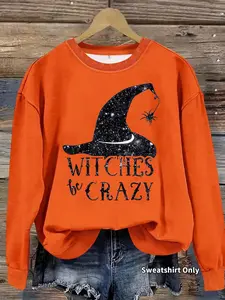 Women's Casual Halloween Witch Hat Print Pullover Sweater, Soft Long Sleeve Round Neck Sweatshirt, Comfortable Daily Wear