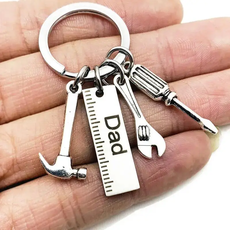 Creative Dad Ruler & Hammer & Screwdriver & Wrench Shaped Keychain, Portable Stainless Steel Keychain, Simple Hanging Ornament, Men Gifts