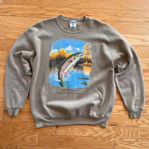 Vintage 90s Jerzees Rainbow Trout Graphic Sweatshirt - Earthy Sand Nature Crewneck