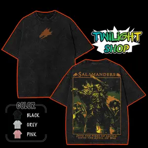 Warhammer 40K Salamander Space Marine Washed Graphic Tee Vintage Crewneck Shortsleeve Tshirt men gift Cotton Fabric Soft Menswear Casual streetwear