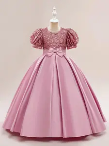 Girl's Glitter Contrast Sequin Satin Party Dress, Elegant Puff Sleeve Bow Plicated Zipper Dress, Kids Clothing for All Seasons, Birthday Dresses 2024