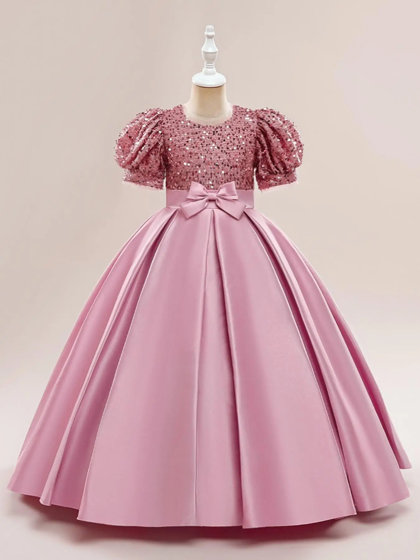 Girl's Glitter Contrast Sequin Satin Party Dress, Elegant Puff Sleeve Bow Plicated Zipper Dress, Kids Clothing for All Seasons, Birthday Dresses 2024