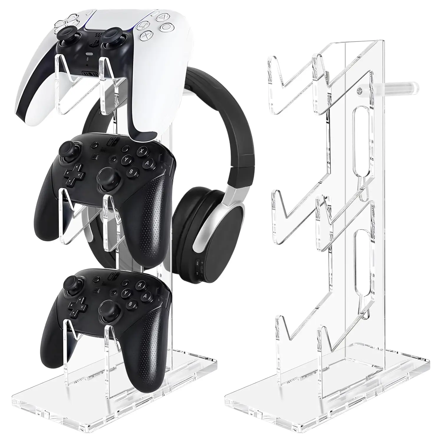 3-Tiered Acrylic Console Stand Controllers - Universal Fit Dual Stand Controllers with Headphone Holder, Desk Mount Compatible with Nintendo Switch, Xbox, PS5, PS4