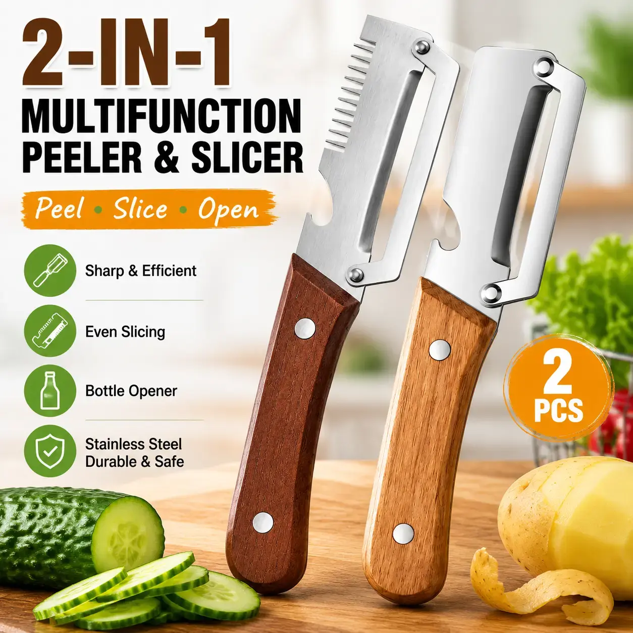 2pcs Wooden Handle Multifunctional Vegetable Fruit Peeler 4 In 1 Tool Peel Slice Scrape And Bottle Opener For Home Kitchen
