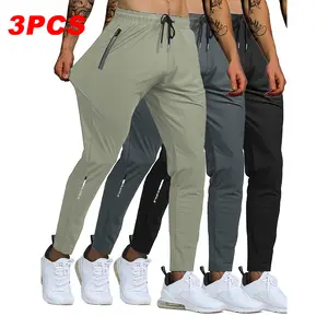 Men’s solid-color jogger pants, 3-pack: drawstring elastic joggers with pockets; zippered joggers; suitable for outdoor fitness and running; men’s casual pants; all-season wear; casual joggers; street-style joggers; comfortable athletic joggers