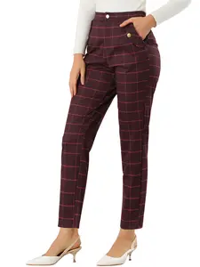 INSPIRE CHIC Women's Vintage Tartan Plaid Pants Elastic Waist Straight Long Trousers Burgundy