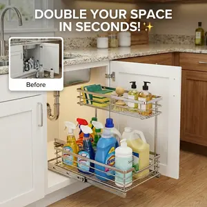 VyGrow 2-Tier Pull Out Cabinet Organizer - Sliding Under Sink Storage Rack for Kitchen & Bathroom, Heavy Duty Space Saver (12" W x 17" D) Bottles Metal Set