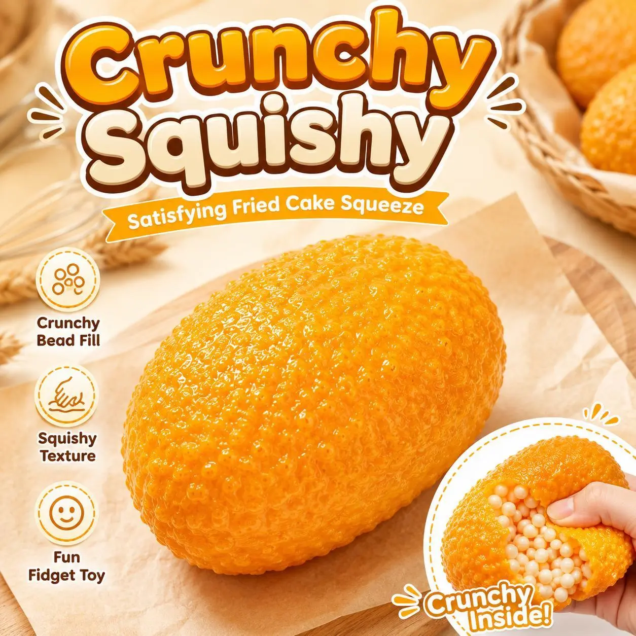 Crunchy Fried Cake Squishy Toy, Satisfying Bead Filled Squishy Fidget Toy, ASMR Sensory Stress Relief Toy, Crispy Texture Squishy for Kids & Adults