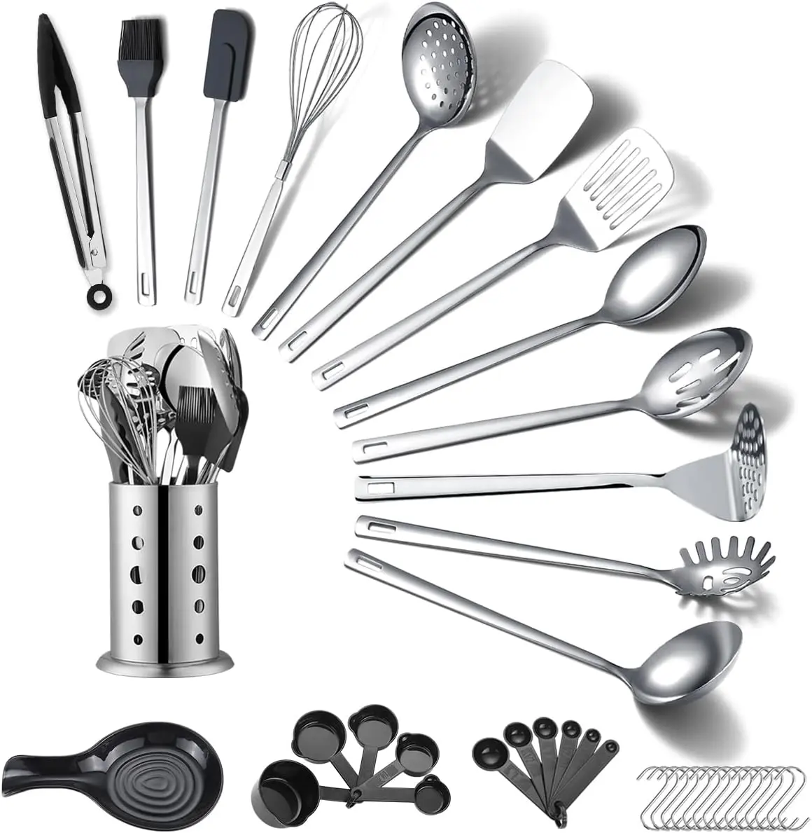 Stainless Steel Kitchen Utensils Set 40 Pieces, Cooking Utensil Set with Utensils Holder, Kitchen Gadgets Kitchen Essentials New Home, House, Appartment Must Have, Metal Spatula Set ReaNea