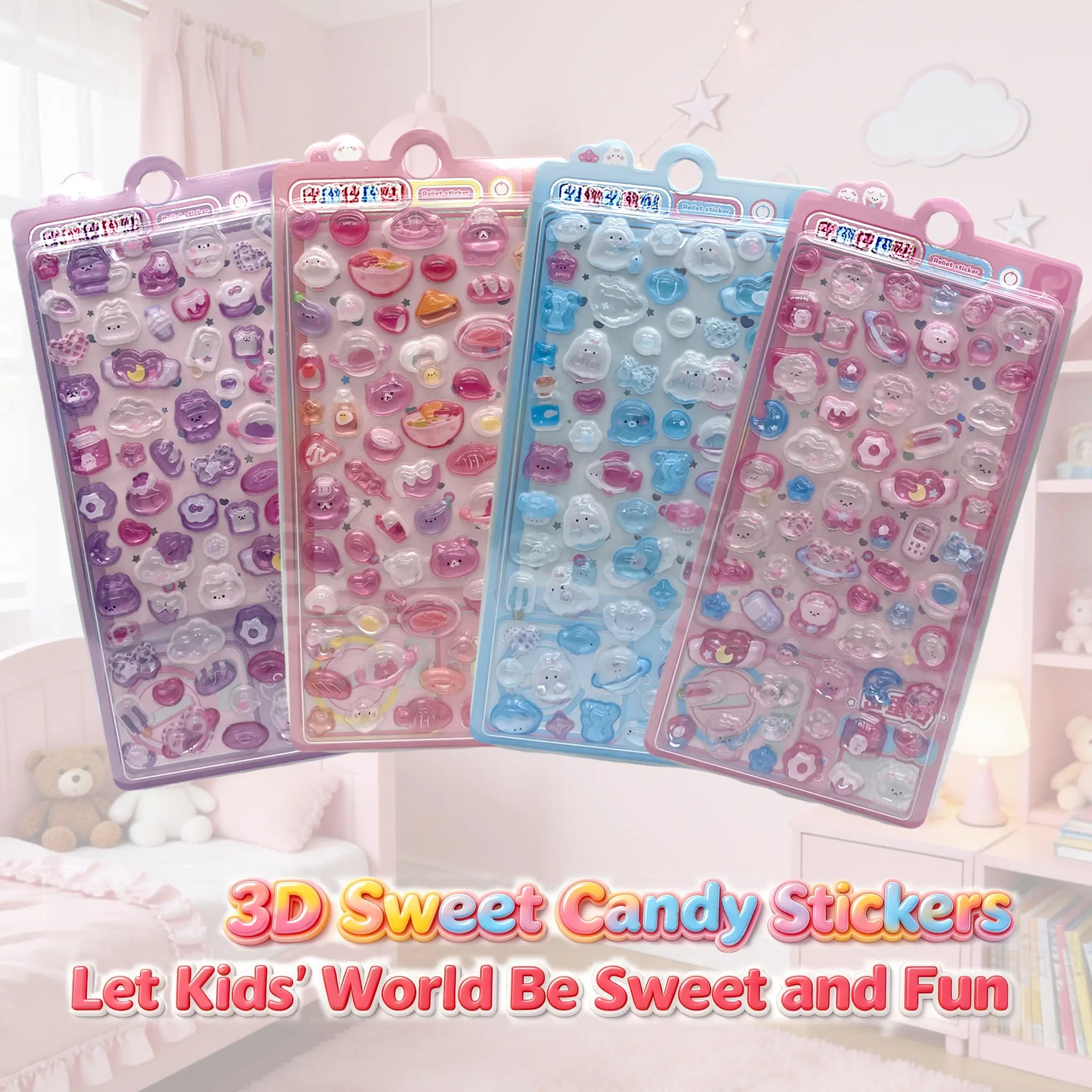 4pcs Girls Cartoon Cute Candy Relief Stickers, DIY Creative Decor, Fun Educational Stickers, Christmas Easter Gifts, Phone Case Journal Art Supplies, Accessories