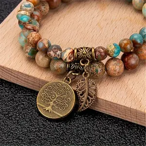 2 PCs 6mm 8mm Ball Bracelet Suit-Tree of Life & Leaf Pendant Elastic Bracelet-Shine Nature-Friendship Bracelet-Perfect for Festivals, Anniversary, Birthday Gifts