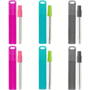 Reusable Straws 6-Pack Foldable Portable Stainless Steel Straws with Storage Box Silicone Tips and Cleaning Brush Retractable Portable Travel Straws