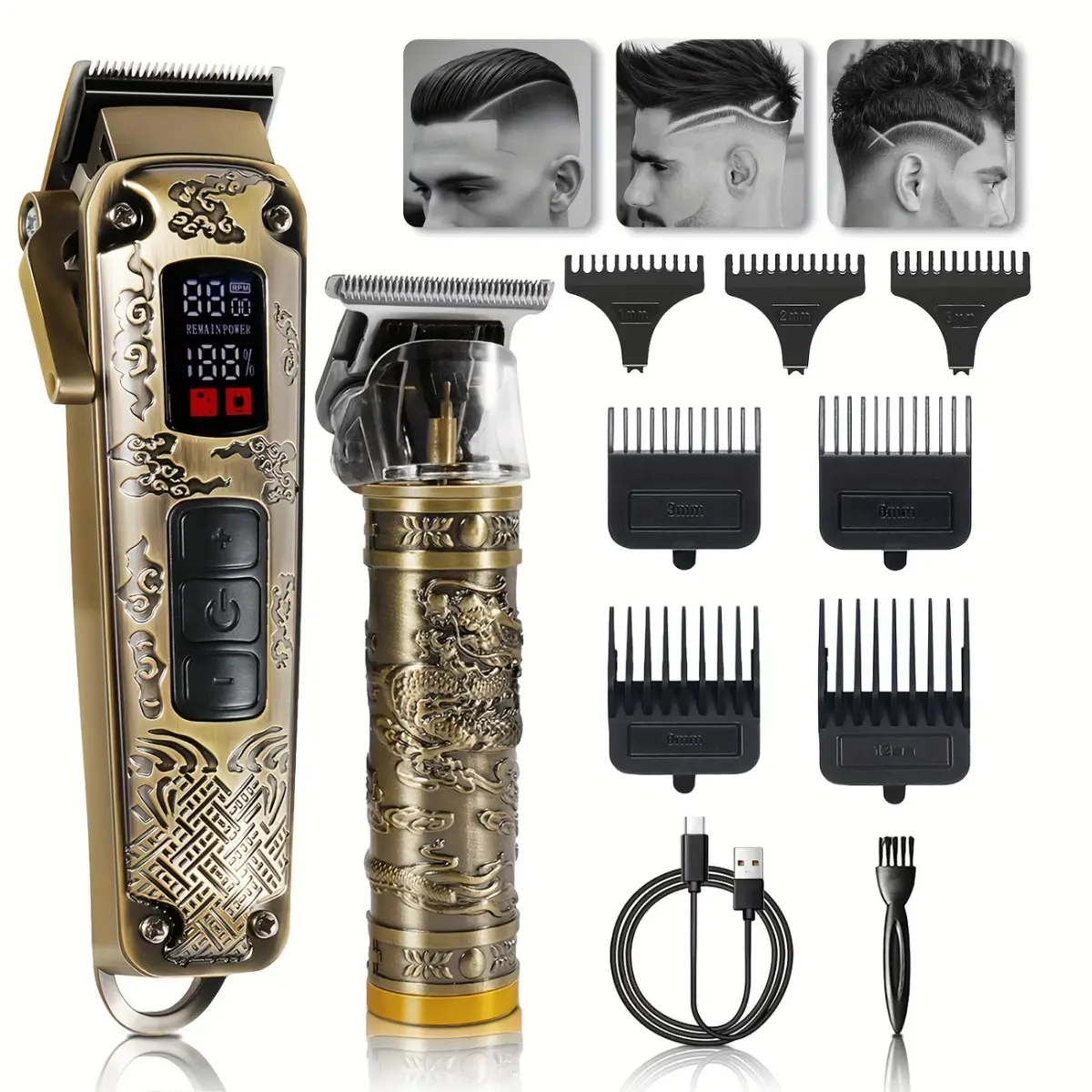 Luxury Hair Clipper Set for Men, Rechargeable T-Blade Trimmer & Shaver with Digital LCD Display, Professional Grooming for a Smooth Finish at Home or Barber, Plug, Lightweight, Handle, Attachment, Brush, Foil Shaver, Face, Father’s Day, Usb Cable, Usb Por
