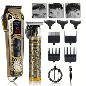 Golden Hair Clippers for Men: Professional Hair Clipper with LCD Display, T-Blade Trimmer, Shaver Para Hombre, Nose Hair Trimmer, Hair Clipper Accessories, USB Charger & Brush - Ideal Gift for Father's Day, Birthdays & More.