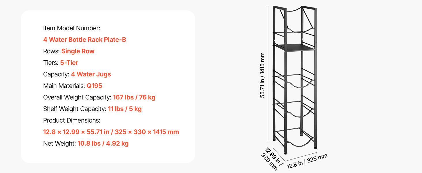 【Summerfinds】VEVOR Water Jug Holder5 Tiers 3 and 5 Gallon Water Bottle Holder for 4 BottlesHeavy Duty Jug Rack Organizer with Storage ShelfAdjustable Feetand Handlefor KitchenOfficeLiving RoomBlack