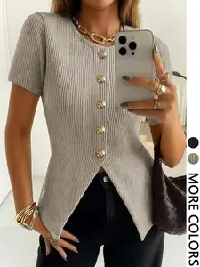 Women's Round Neck Button Knitted T-Shirt, Elegant Slim Fit Design, Perfect for Casual Wear & Daily