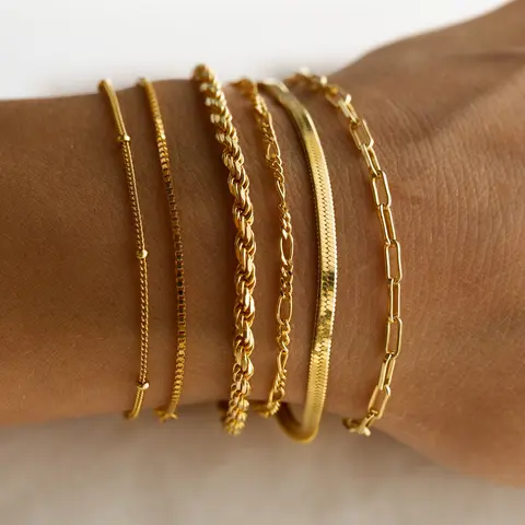FREEKISS Gold Dainty Bracelets For Women Trendy Jewelry Set For Women Paperclip Box Herringbone Figaro Rope Chain Bracelet Fashion Pack Gifts outdoorfun Elegant Minimalist Bangle Adjustable Minimalist Bangle bracelet stack FallDealsForYou BlackFriday