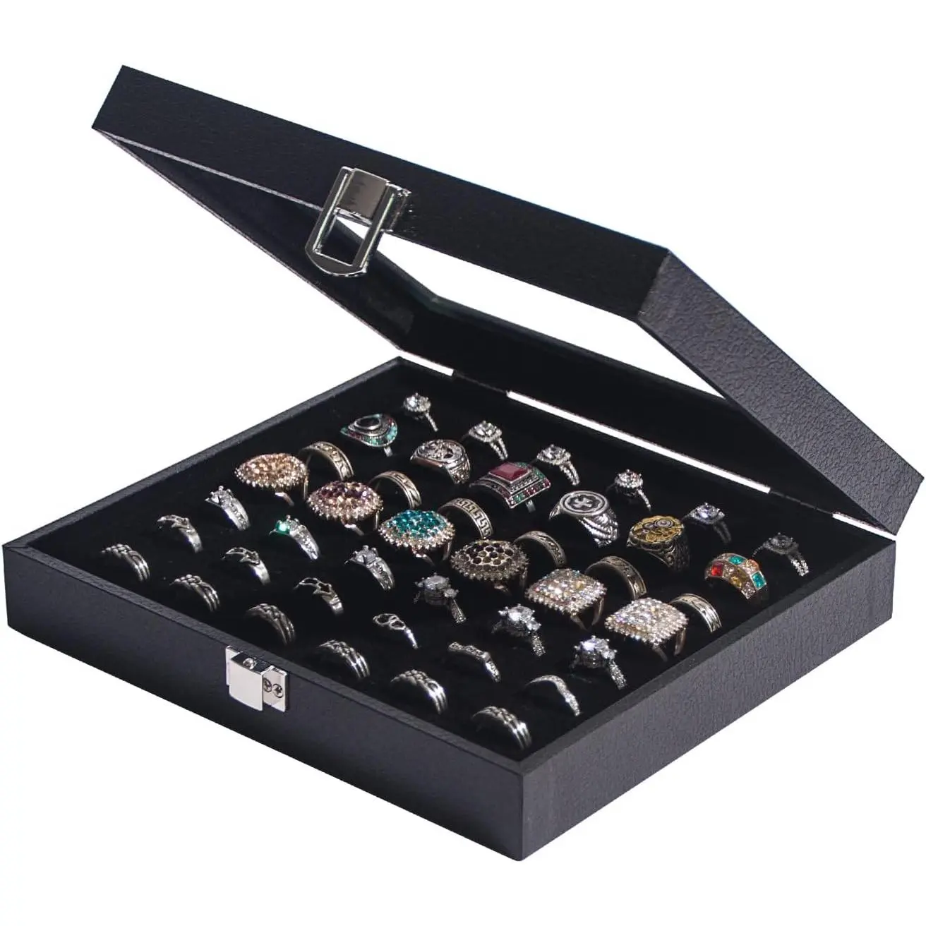 42-Slot Classic Jewelry Box, Black Ring Organizer Display Case with Glass Lid, Stackable Storage Tray for Multiple Rings