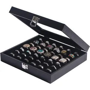 Ring Organizer Display Case,Black  Storage Tray Boxes for Multiple Rings,Glass Lid,Stackable. (42 Slots)