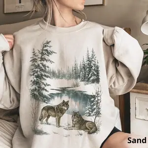 Retro Wolf 90s Sweatshirt, Nature Vintage Wildlife Forest Crewneck, Boho Unisex Cabincore Sweatshirt Cozy Season Rustic Wolves Top