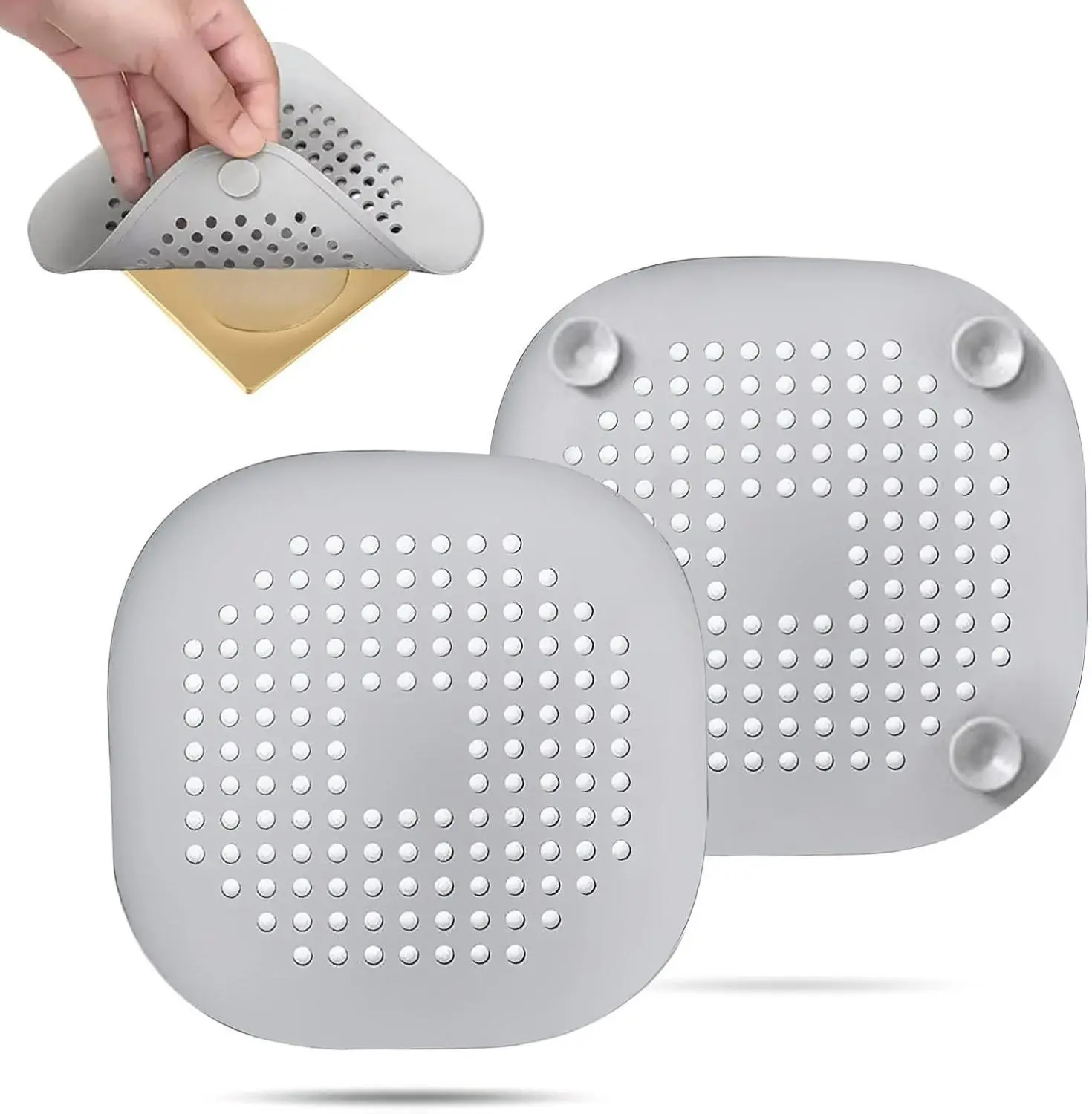 2-Pack Silicone Hair Drain Catcher with Strong Suction Cup - 5.5*5.5 Inches Square Silver Grey Drain Cover, Easy Installation, Eco-Friendly, Water Absorbent for Bathroom Bathtub, Shower, Kitchens