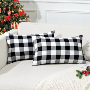 Pack of 2 Christmas Buffalo Check Plaids Throw Pillow Covers 12x20 Inch Classic Linen Farmhou Cushion Ca Soft Lumbar Pillowcas for Home Decor Sofa Bed Couch (Black and White)