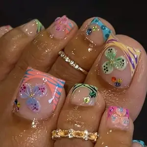 24-Piece Multicolor Glitter French False Toe Nails, Sparkly Rhinestone Flower Design, Summer Press-On Toe Nails, Wearable and Removable Nail Set