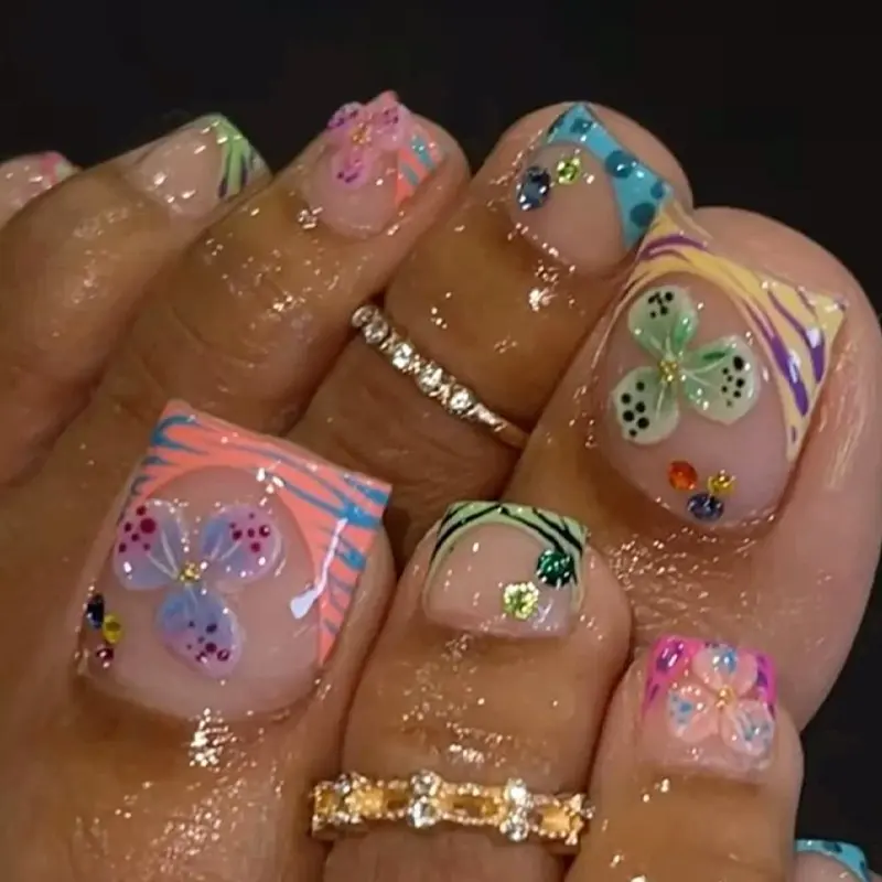 24-Piece Multicolor Glitter French False Toe Nails, Sparkly Rhinestone Flower Design, Summer Press-On Toe Nails, Wearable and Removable Nail Set, DIY Fake Nails, Glitter Decorative Nails, Glittering Fake Nails