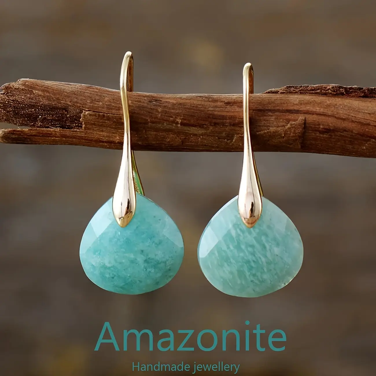 Amazonite Teardrop Earrings, Handmade Copper & Gold Dangle Hooks, Unisex Power Symbol Jewelry for Special Occasions, Copper&Stone, Secure Fit, Plain