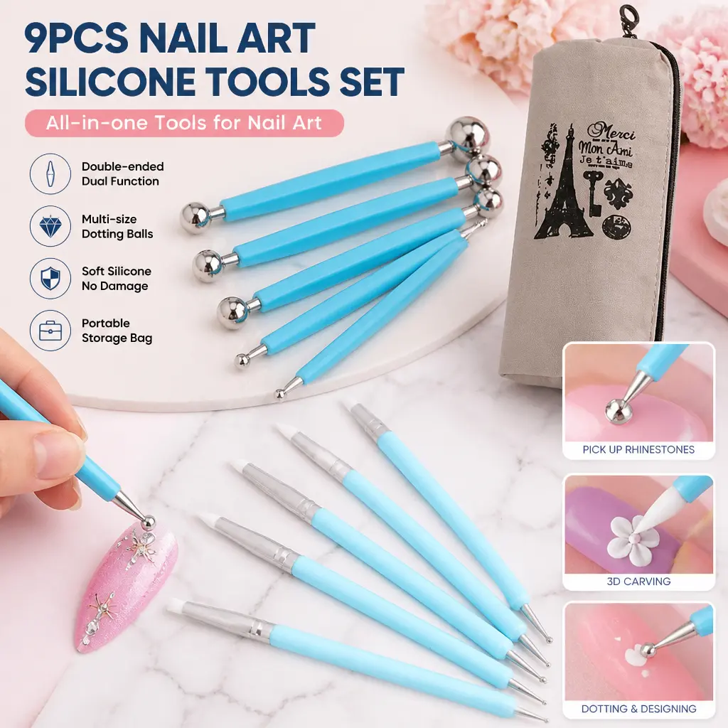 9 Pcs Multi-Size Metal+Silicon Sculpting Tools Set - 4 Double-Ended Metal Clay Dotting Stylus, 5 Silicone Polymer Flower Embossing Tools - Dot Painting Kit for DIY Crafters, Creative Freedom Projects